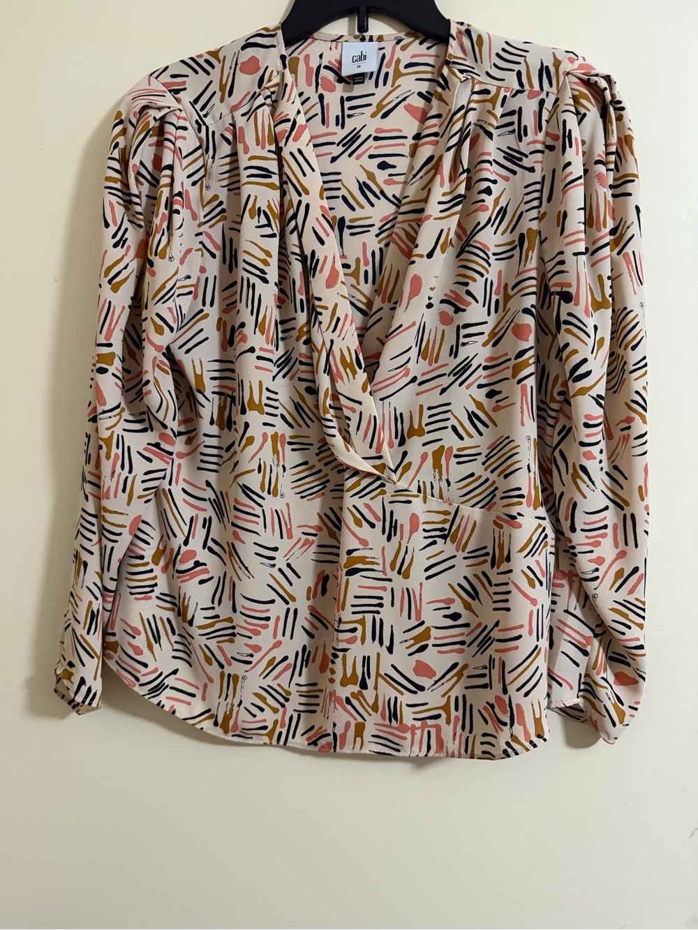 CAbi Vneck Multi Color Abstract Long Sleeve Pullover Faux Wrap Blouse Top Sz M